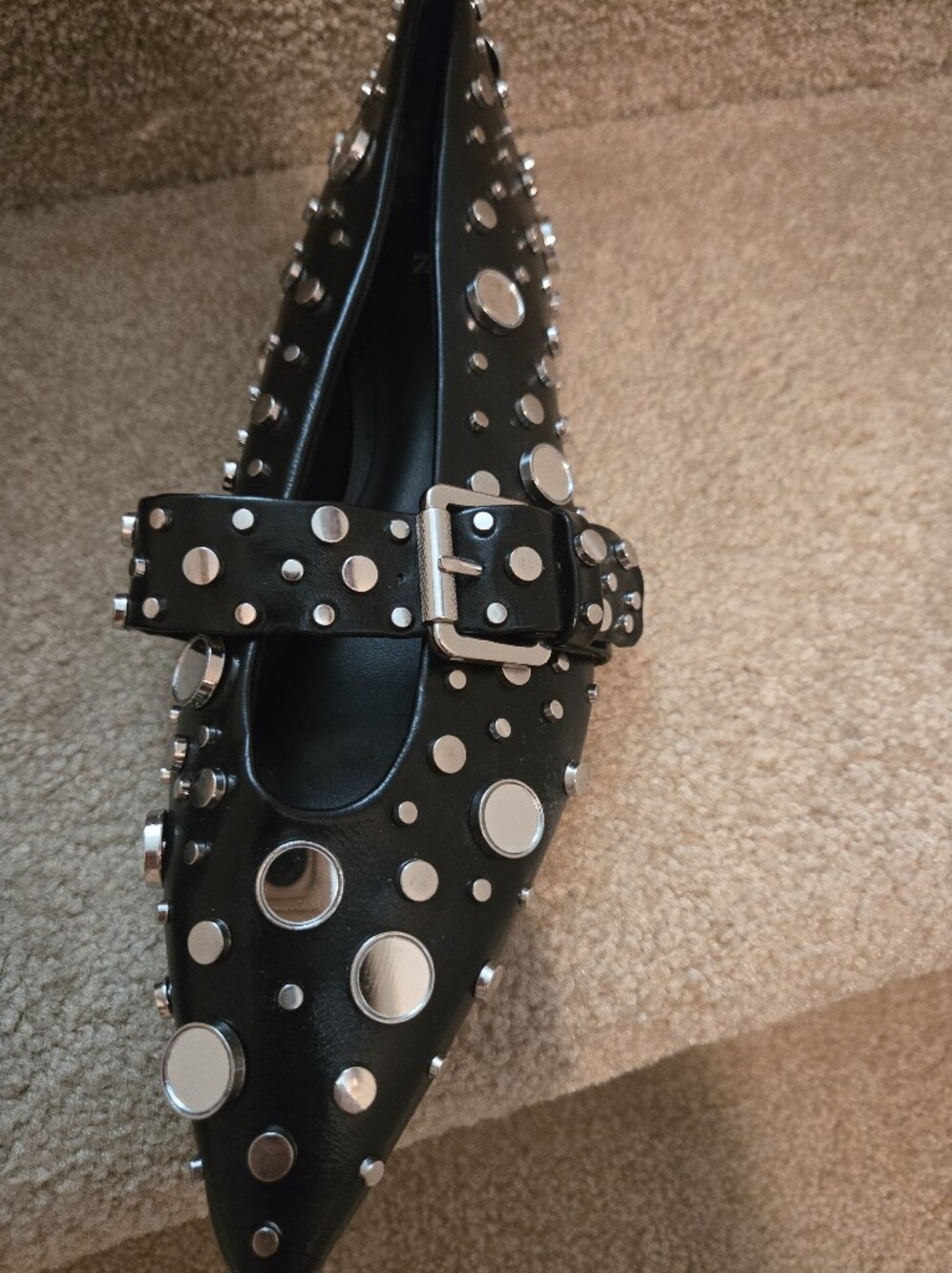 Zara Black Studded Pointed Mary Jane Flats